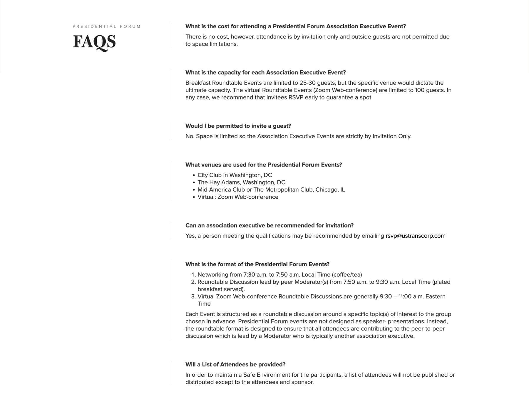 Presidential Forum FAQ page for executive event attendees