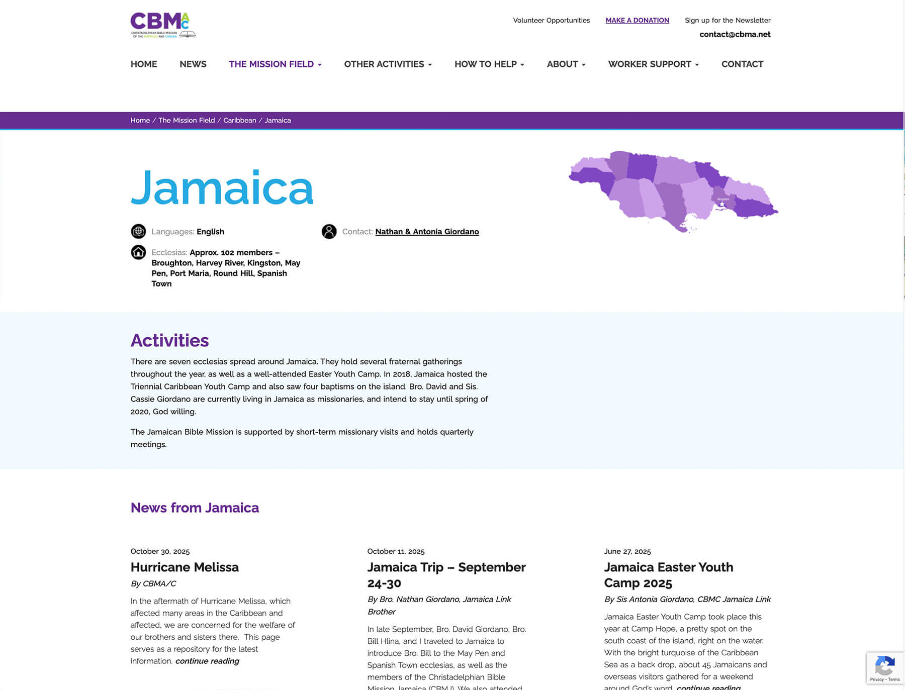 CBMA WordPress website content and navigation