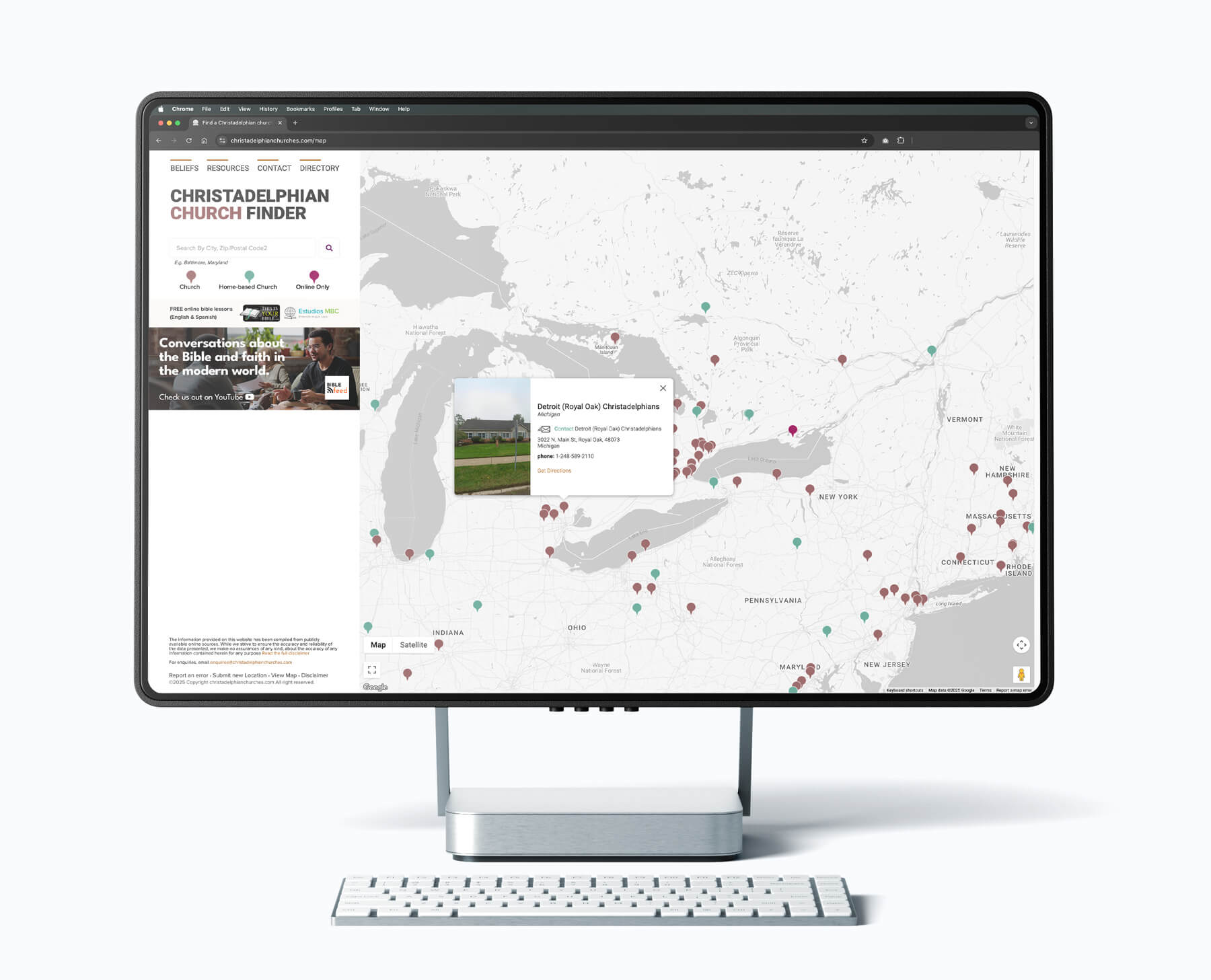 Custom church finder directory and interactive map website