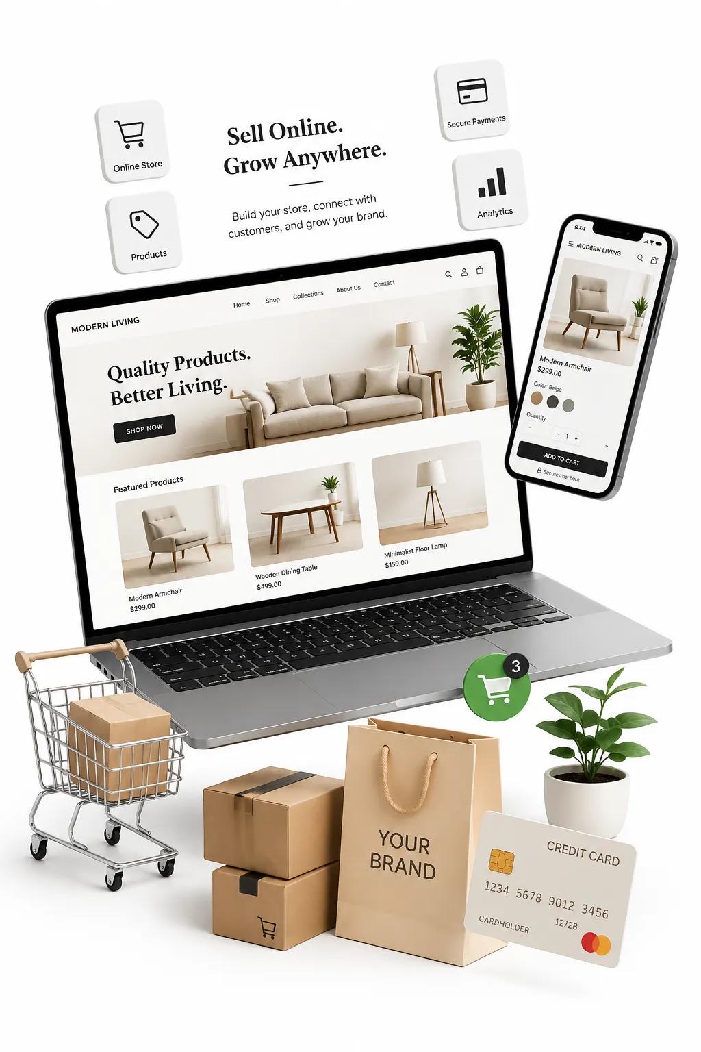 Ecommerce website design, online store, secure payments, analytics, and mobile shopping